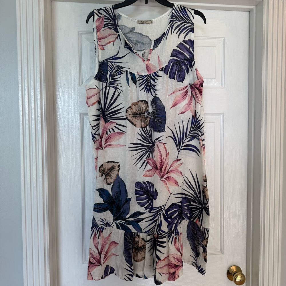 Sleeveless Midi Dress in White with Pink & Blue Tropical Print